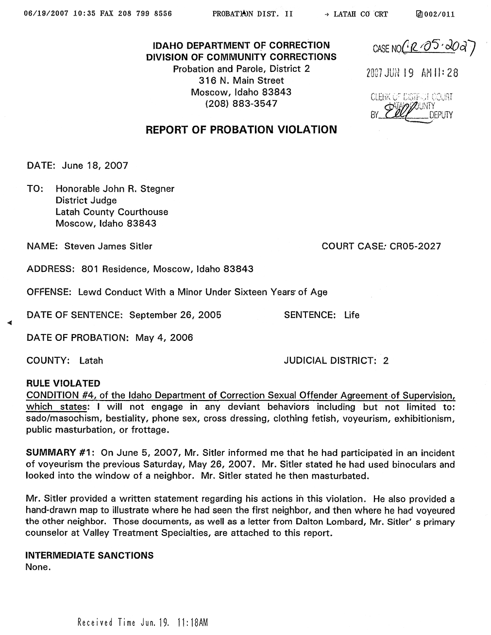 Report of Probation Violation page 1