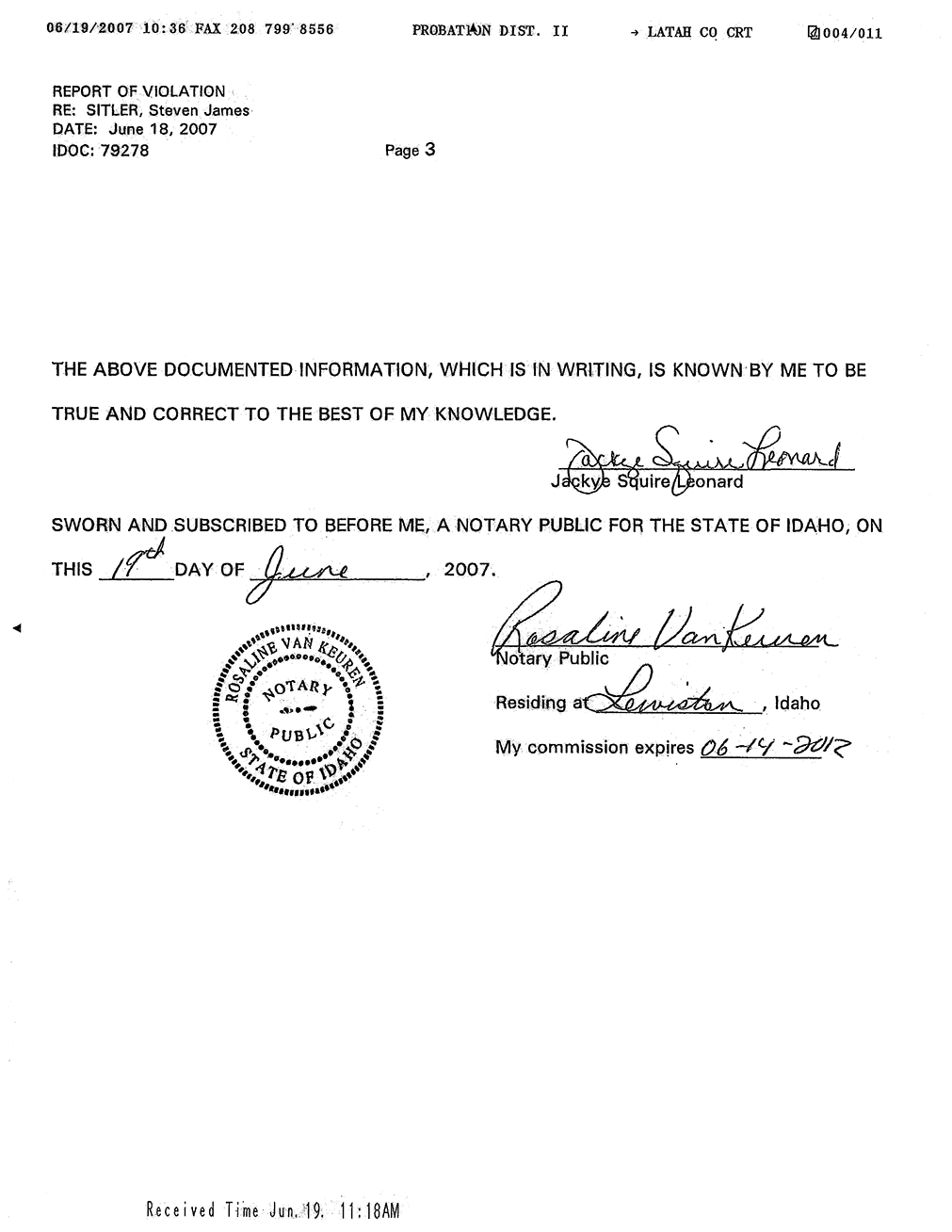 Report of Probation Violation page 3