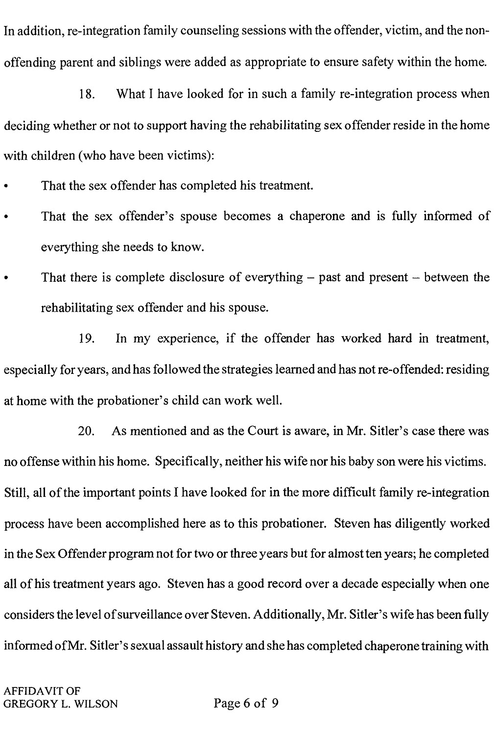 Affidavit of Gregory L. Wilson page 6