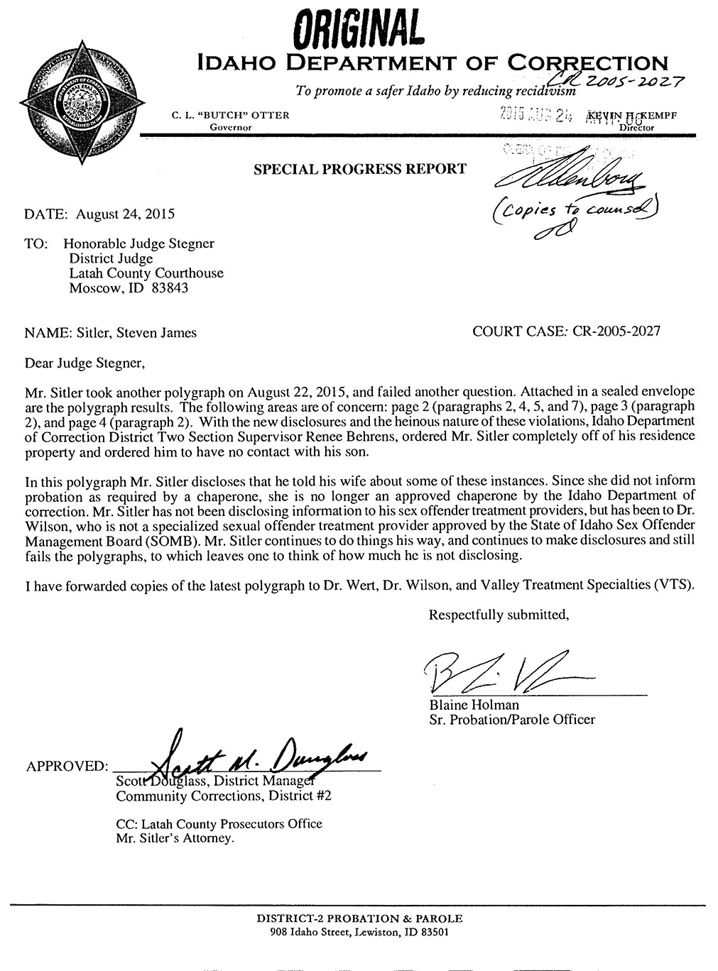 Idaho Department of Correction Special Progress Report