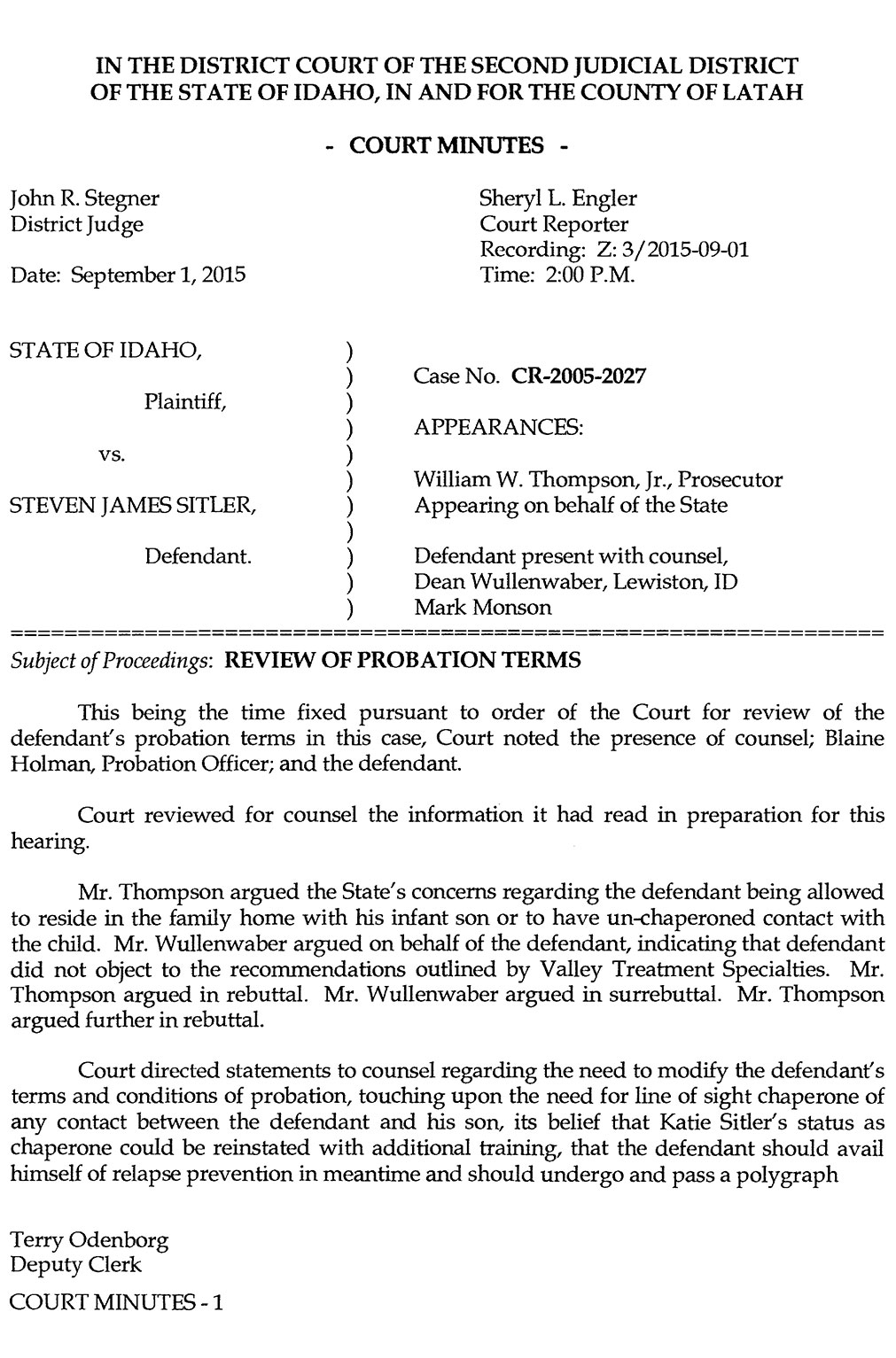 Court Minutes: Review of Probation Terms Steven Sitler Archive