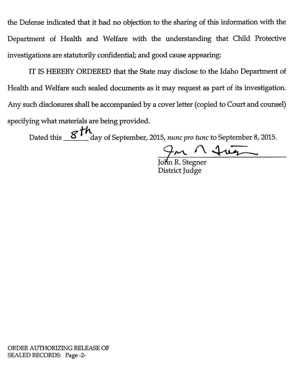 Order Authorizing Release of Sealed Records page 2