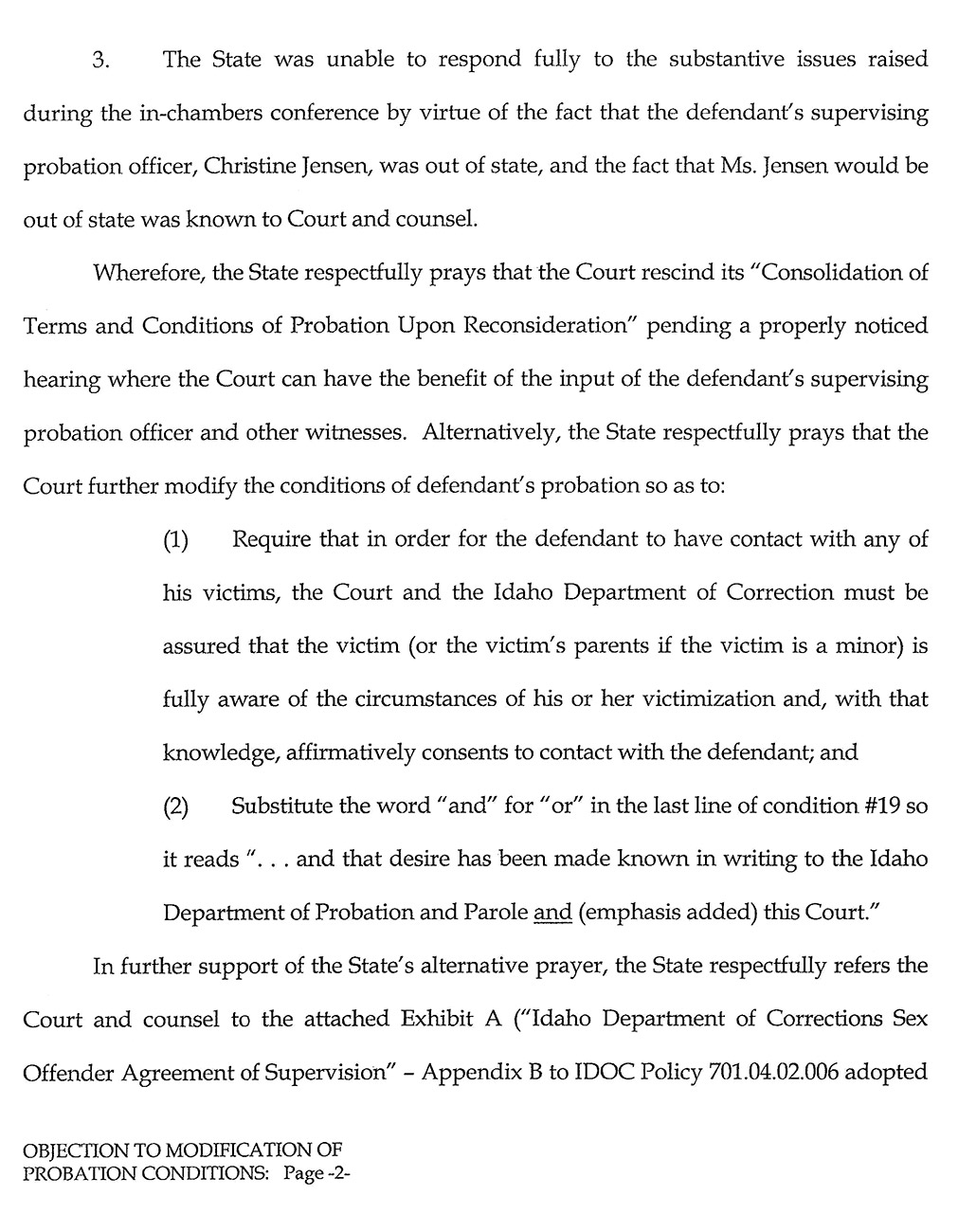Objection to Modification of Probation Conditions page 2