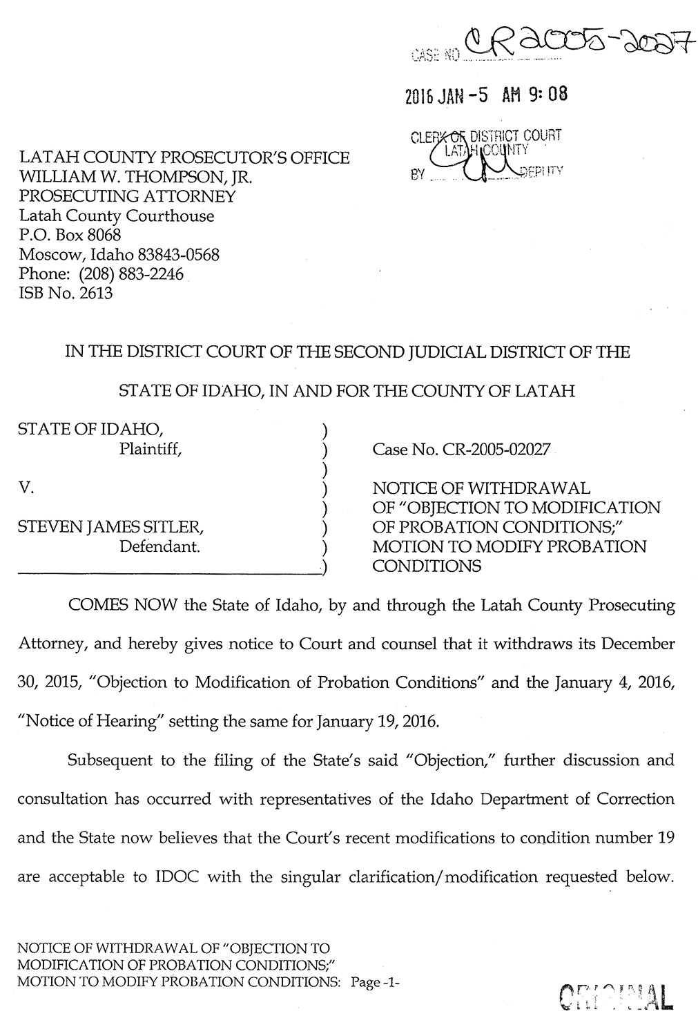 Notice of Withdrawal of “Objection to Modification of Probation Conditions”; Motion to Modify Probation Conditions page 1
