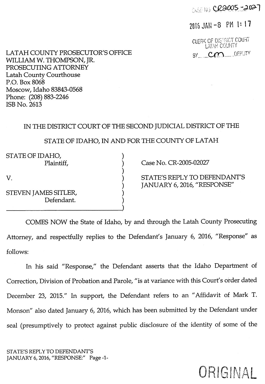 State’s Reply to Defendant’s January 6, 2016, “Response” page 1