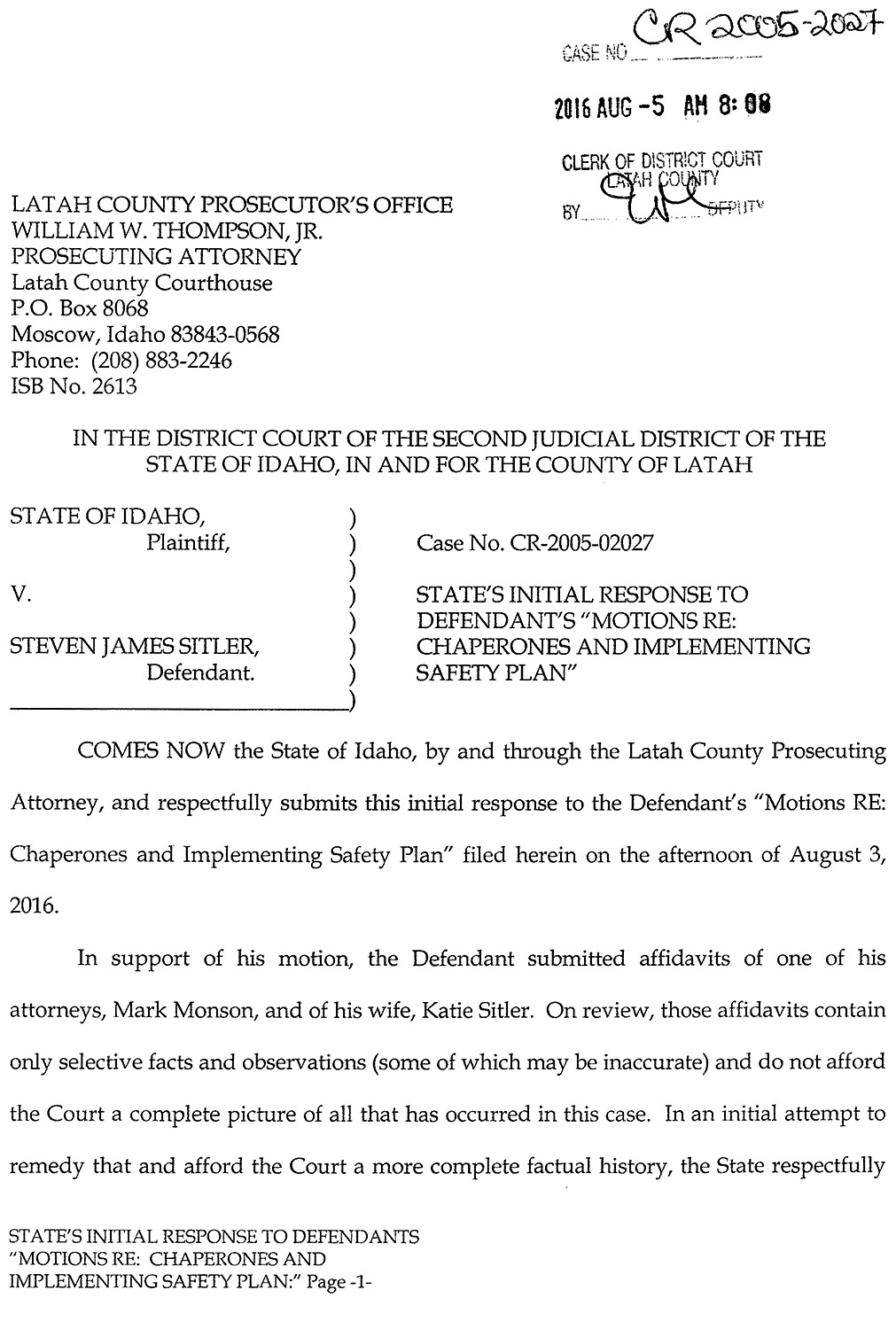 State’s Initial Response to Defendant’s Motions RE: Chaperones and Implementing Safety Plan, page 1