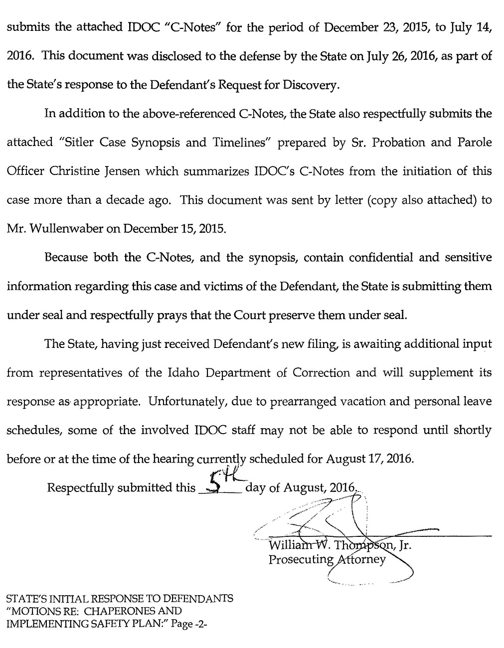 State’s Initial Response to Defendant’s Motions RE: Chaperones and Implementing Safety Plan, page 2