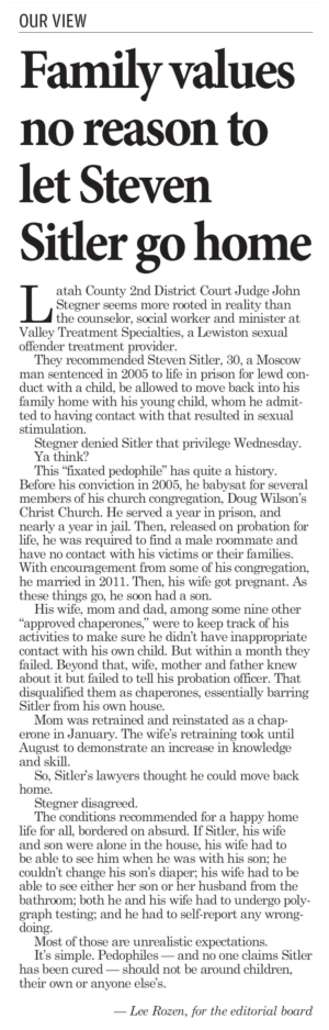 Moscow-Pullman Daily News: “Family values no reason to let Steven Sitler go home”